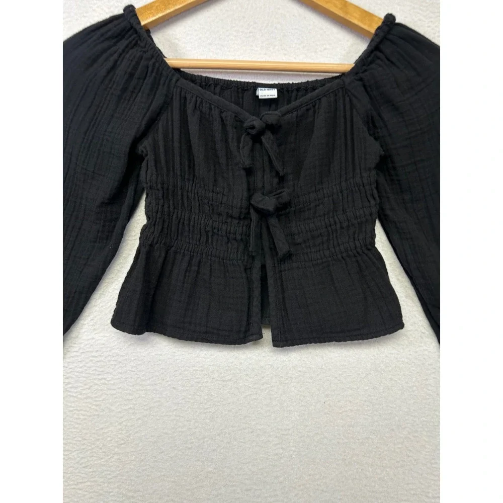 Boho Cottagecore Old Navy Girls S 6-7 Black Smocked Gauze Tie Front Peasant Top